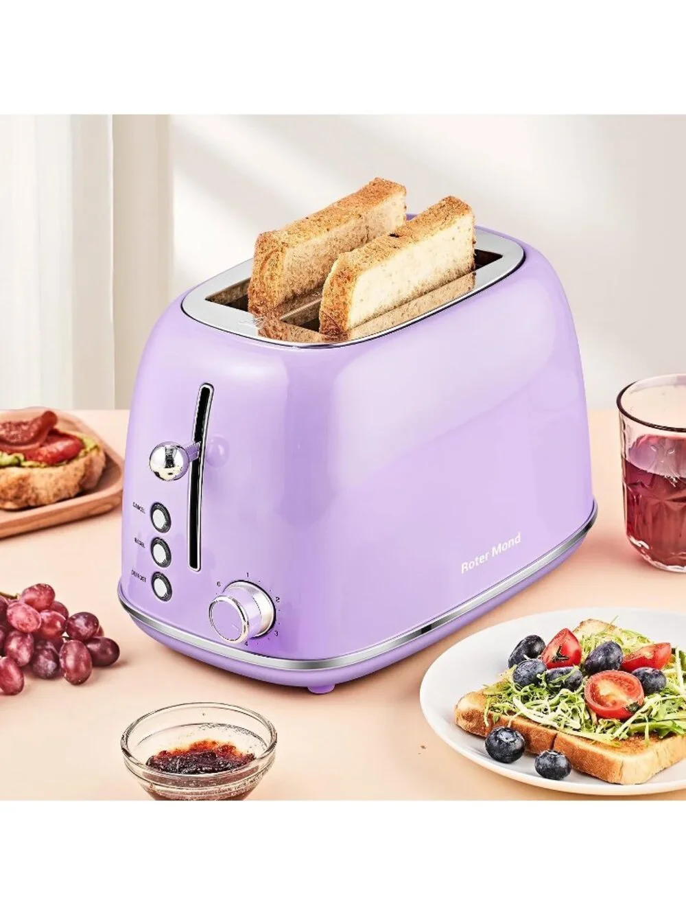 2 Slice Purple Retro Stainless Steel with Bagel Defrost Functions Toaster